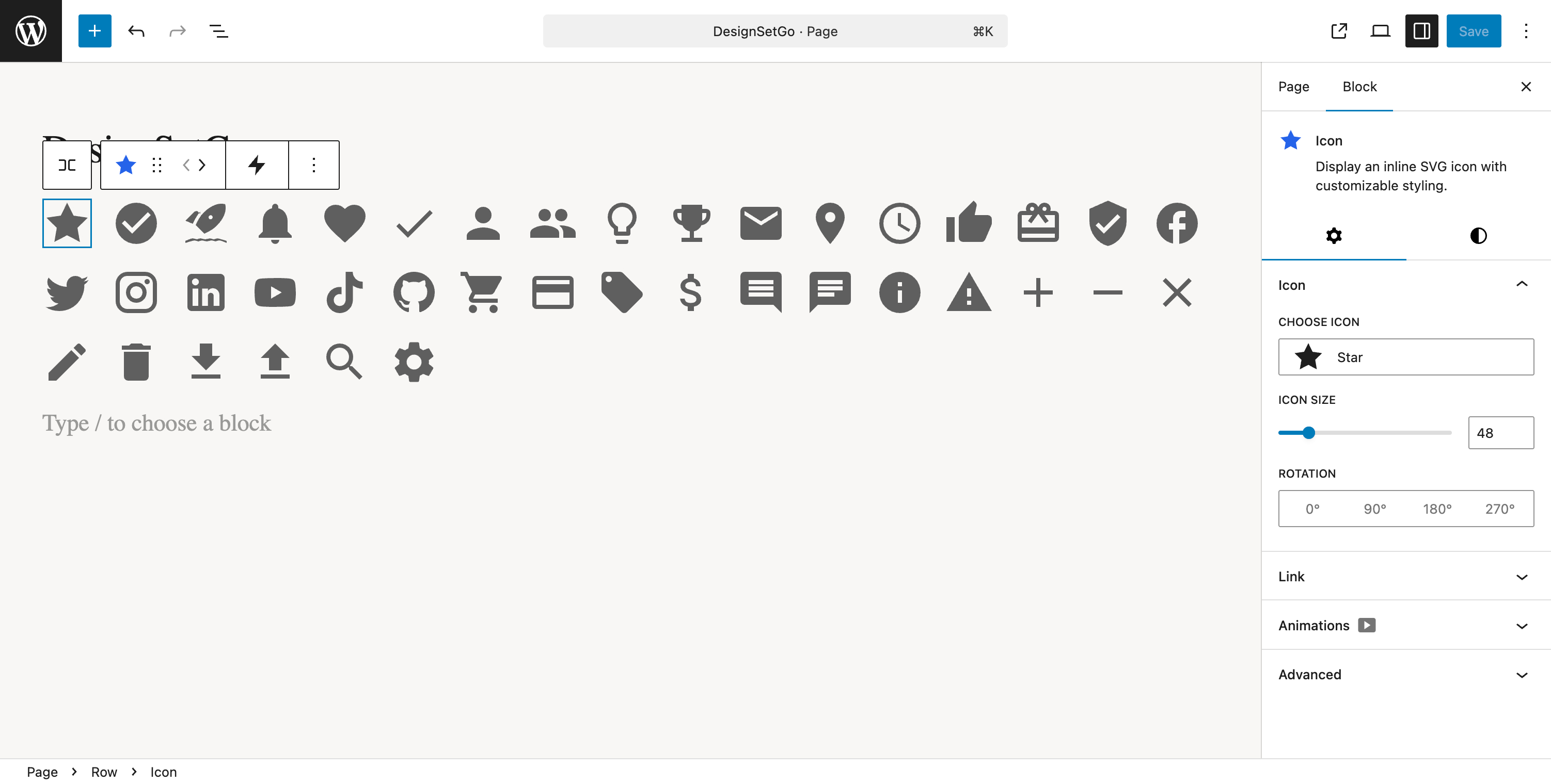 Icon block with 500+ icons, shape styles, and customization options