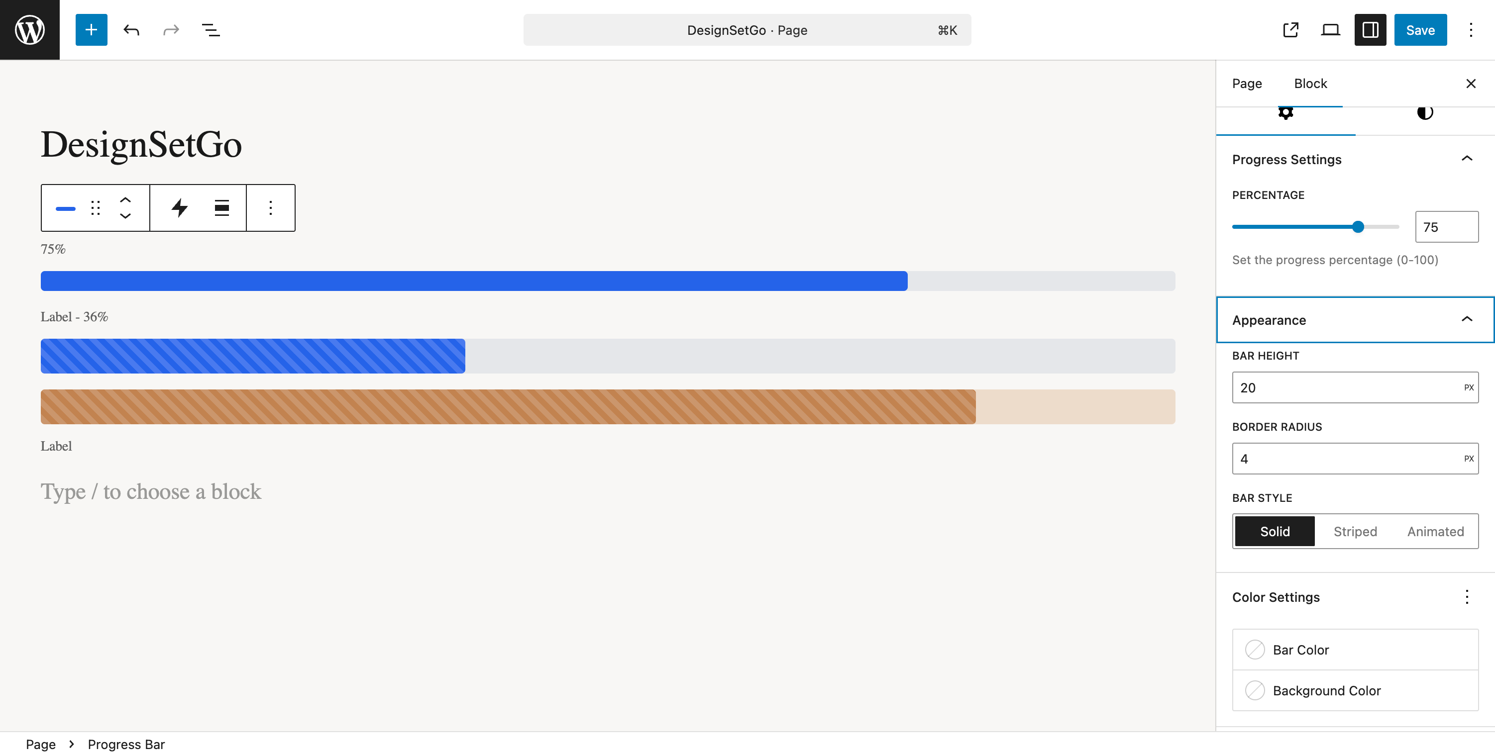 Progress Bar block with animated fills and multiple display styles