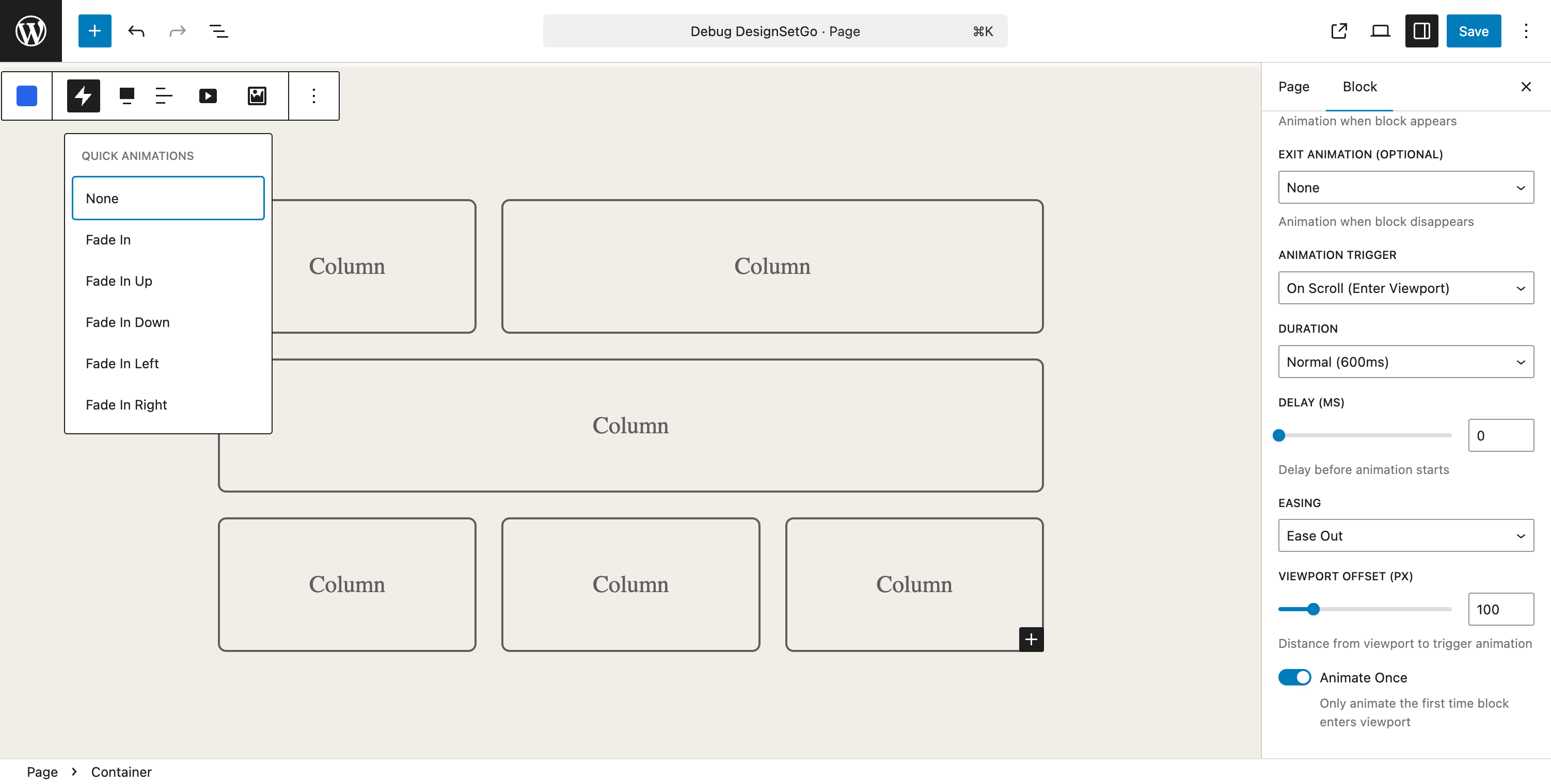 Block animation controls showing entrance effects and timing options