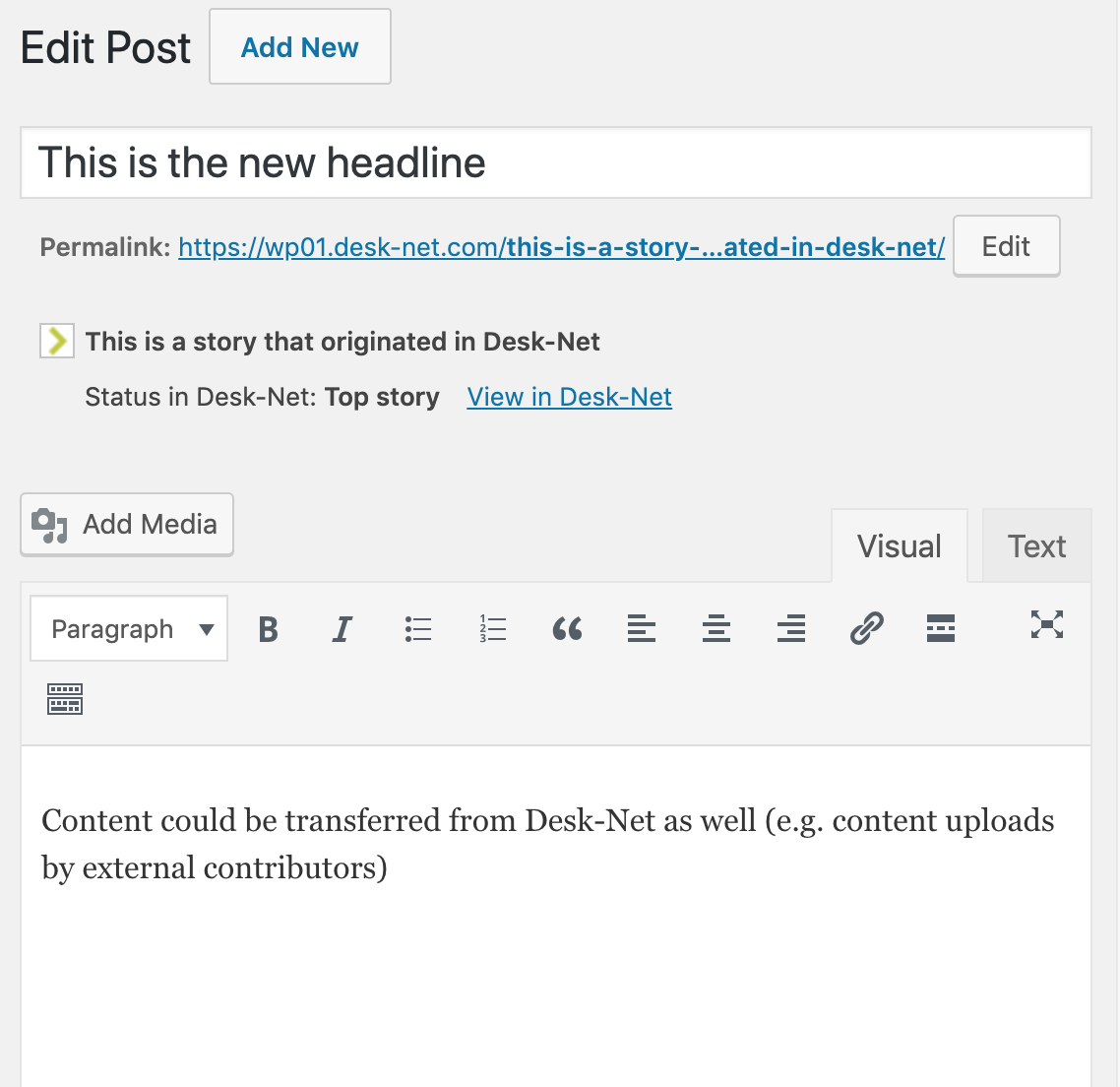 The plugin adds the story description and a link back to the story in Desk-Net.