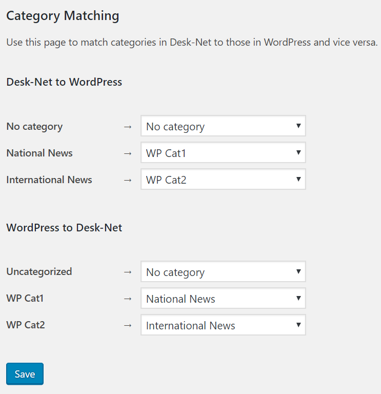Categories, status levels etc. can easily be matched on the plugin settings pages.