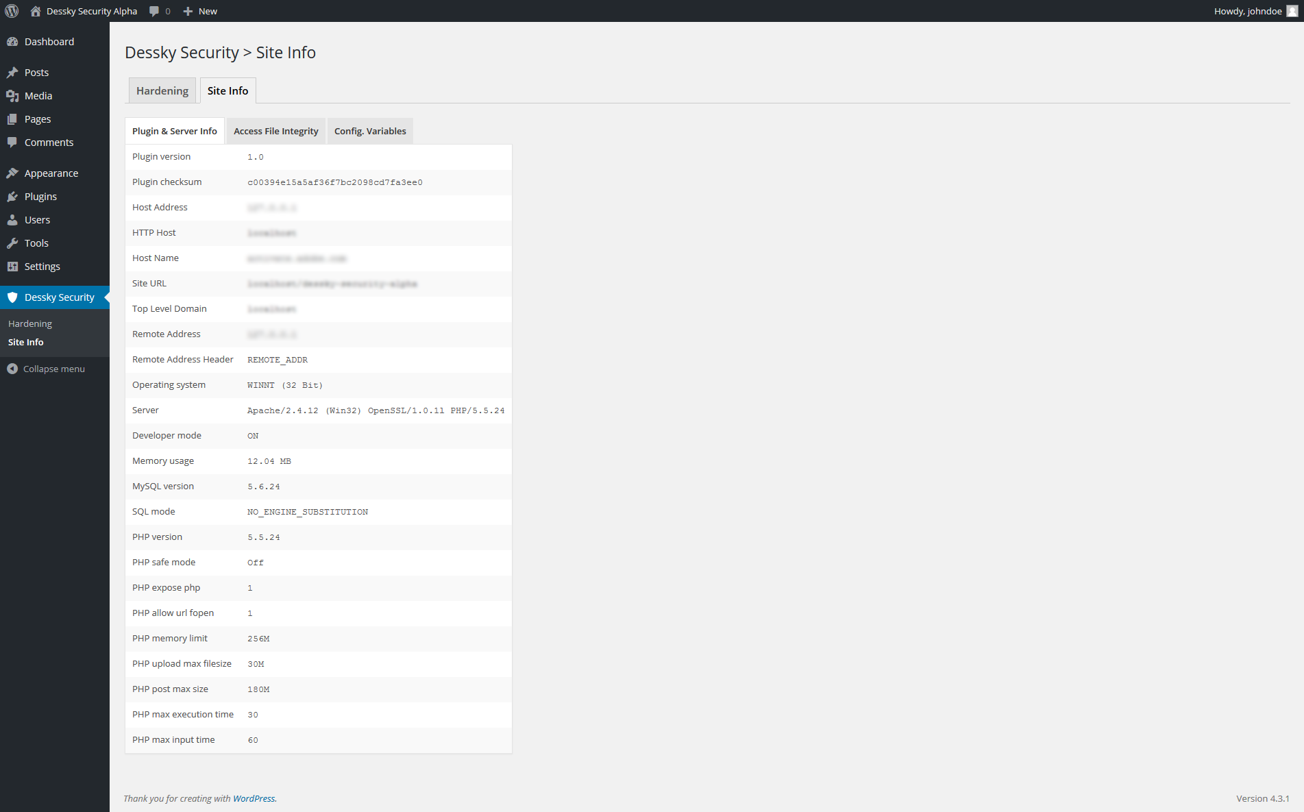 'Plugin & Server Info' page
