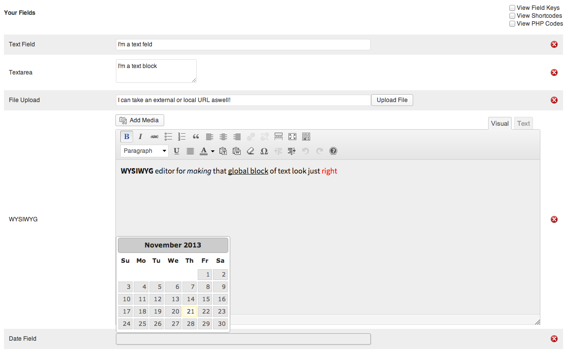 Details King Pro types of possible fields