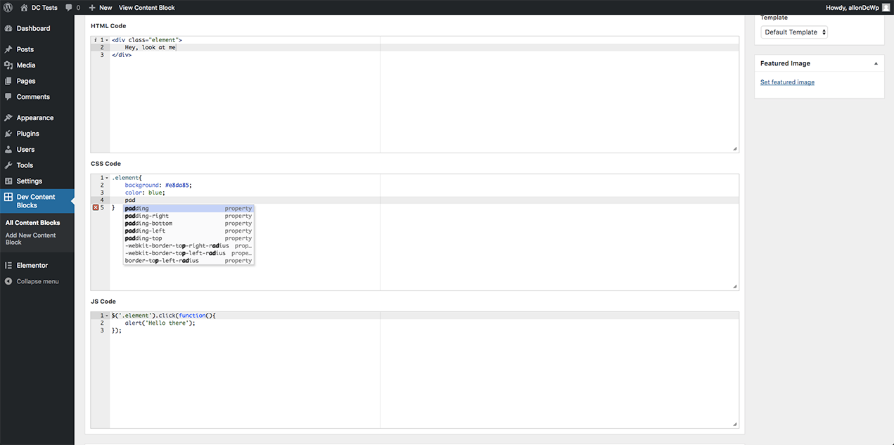 The code blocks with auto complete