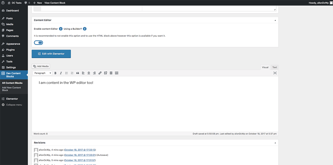 WP content editor enabled
