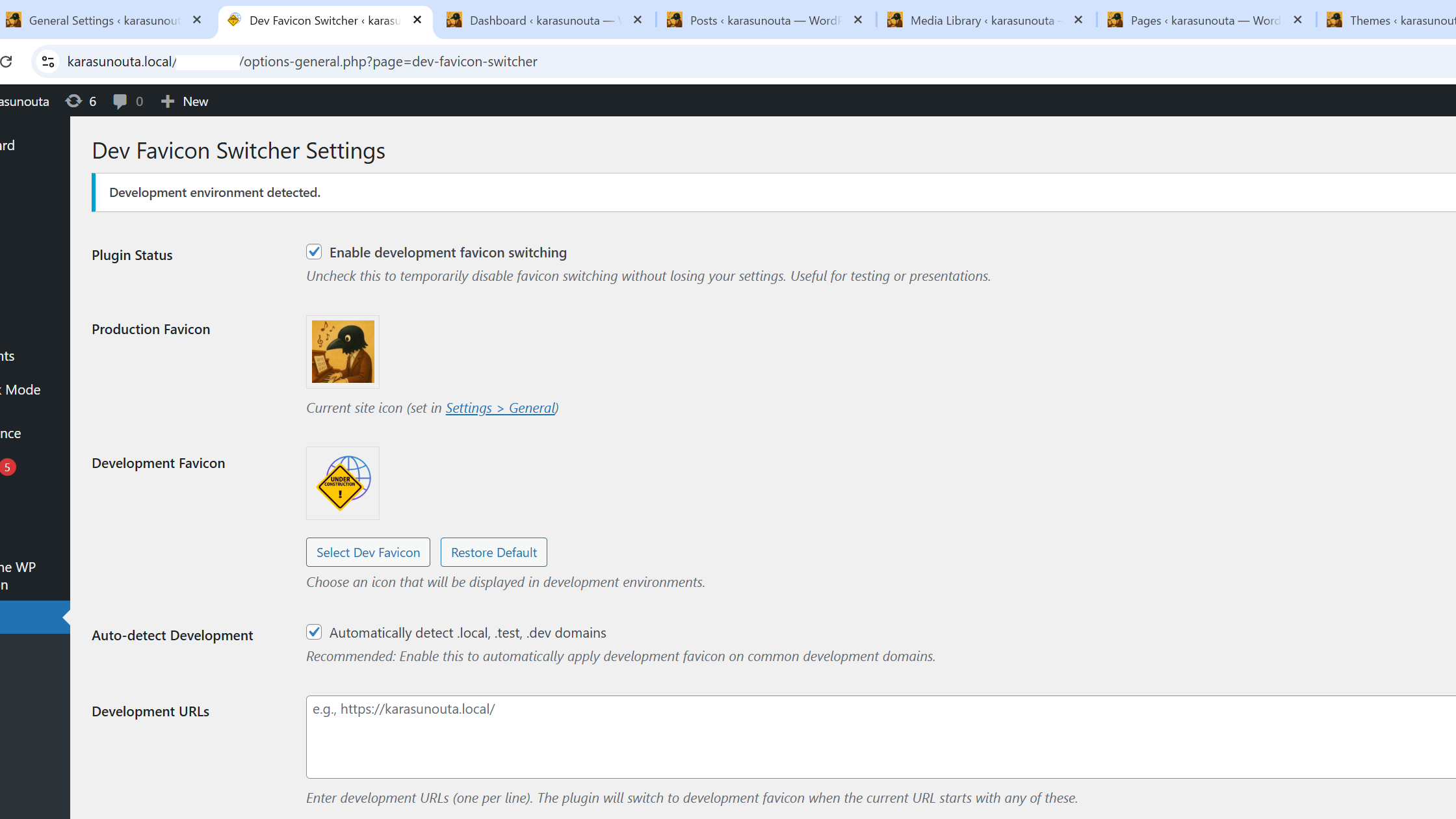 The default dev favicon already active in browser tabs immediately after activation — no setup required.
