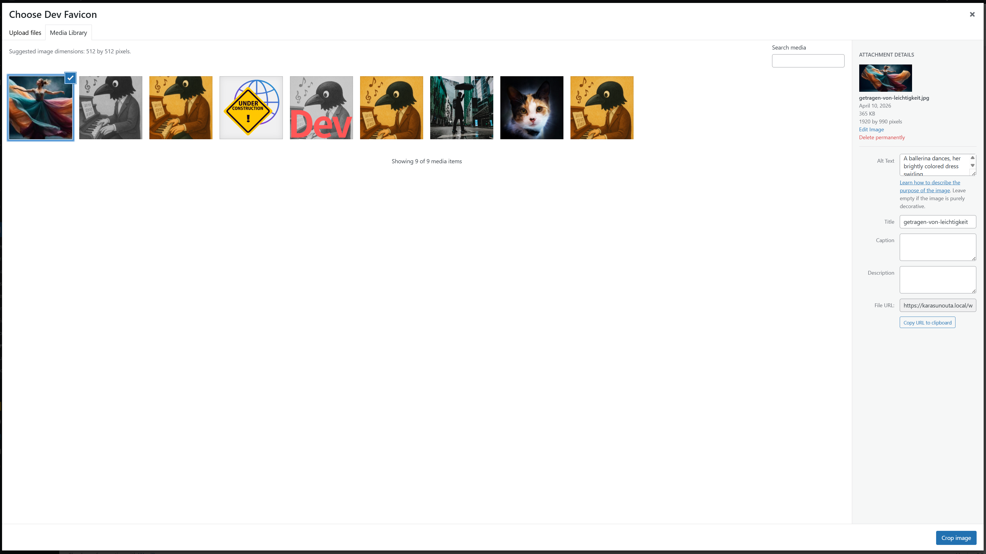 Clicking "Select Dev Favicon" opens the Media Library popup to choose a custom image.