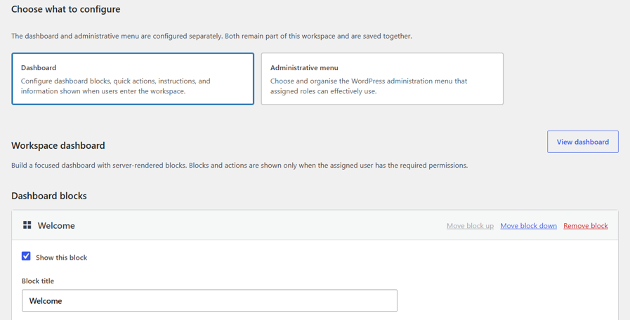 Dashboard block and quick-action editor.