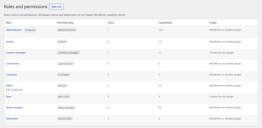 Role-aware administrative menu editor with effective-result status.