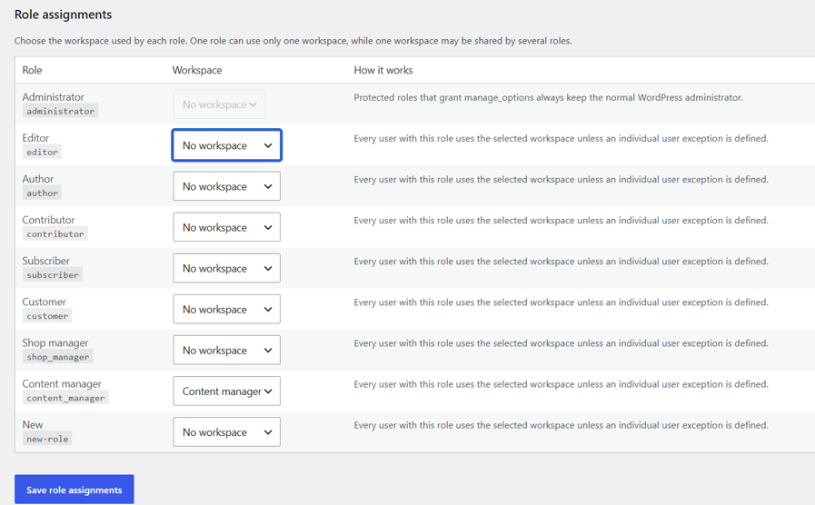 Role-to-workspace assignments and optional individual user exceptions.