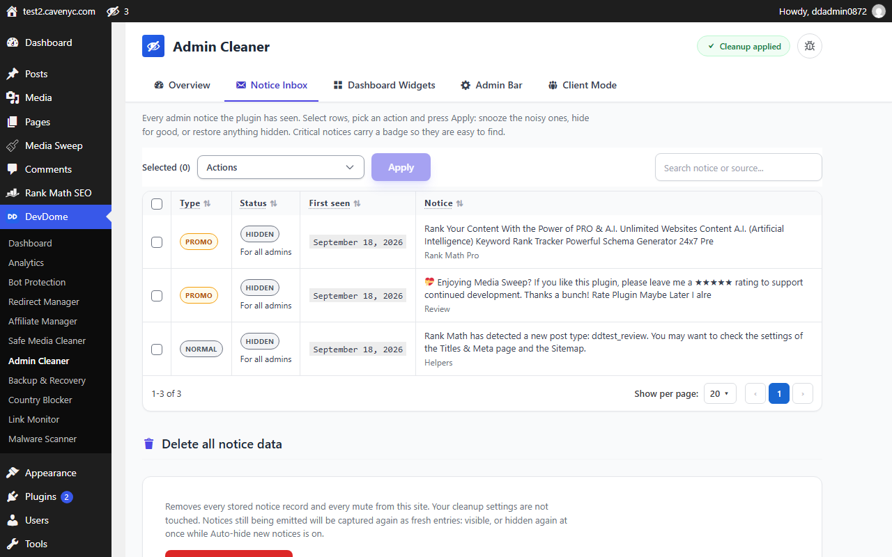 Notice Inbox: every captured notice with its source, type and status. Hide, snooze, restore or remove in bulk.