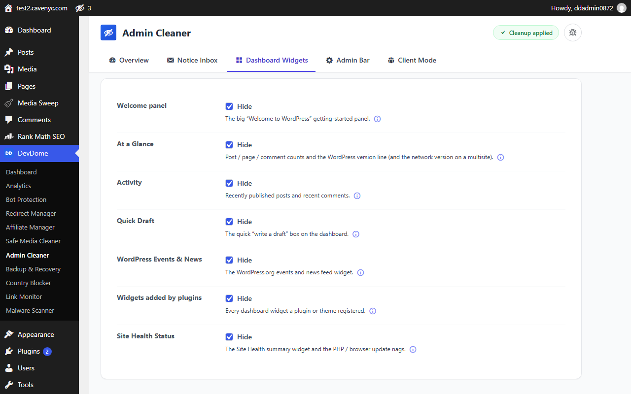 Dashboard Widgets: choose which dashboard widgets and footer items to hide.