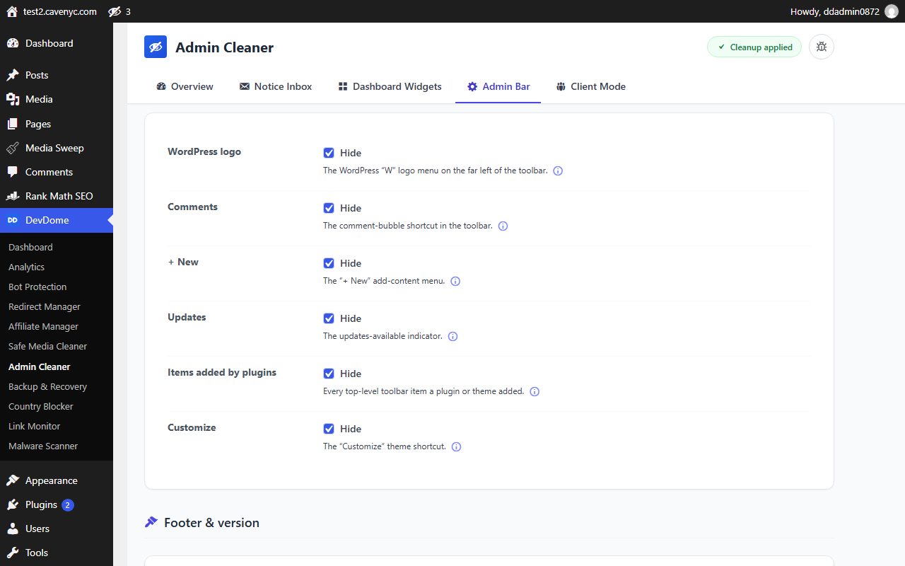 Admin Bar: hide the WordPress logo, Comments, New, Updates, Customize and items added by plugins.