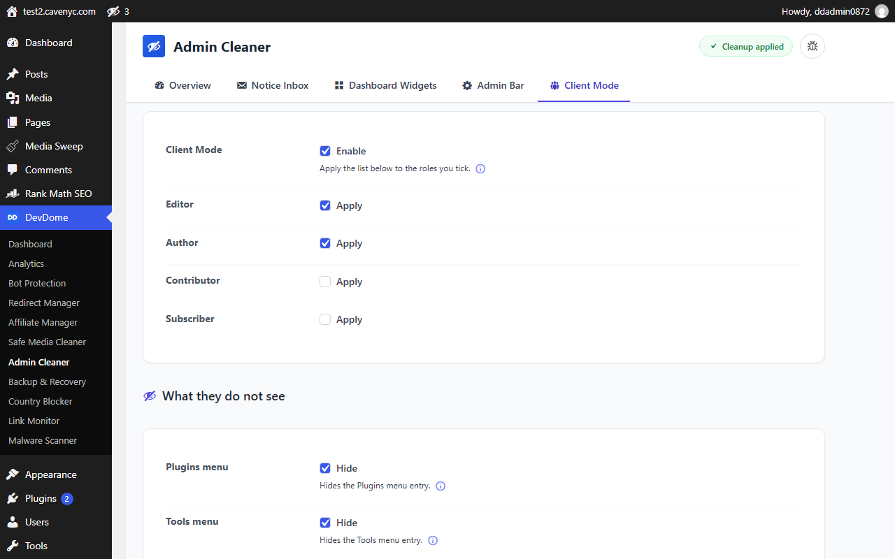 Client Mode: pick the roles and the menu entries they no longer see. Permissions stay unchanged.