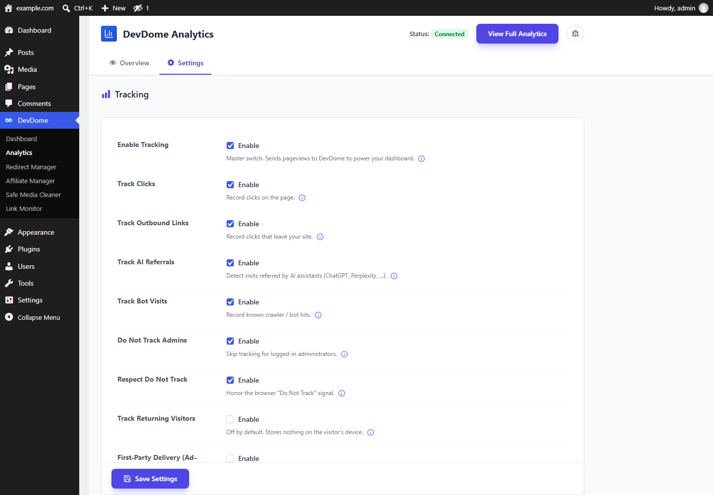 Plugin settings: cookieless tracking, outbound clicks, AI referrals, bot visits, Do Not Track and admin exclusion.