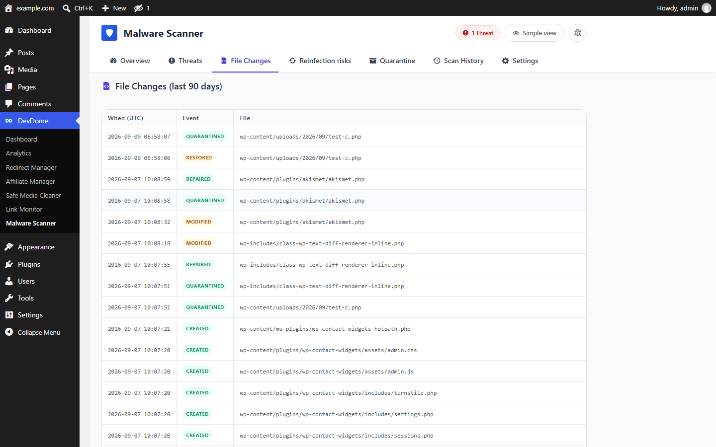 File Changes: track created, modified, quarantined and repaired WordPress files over time.