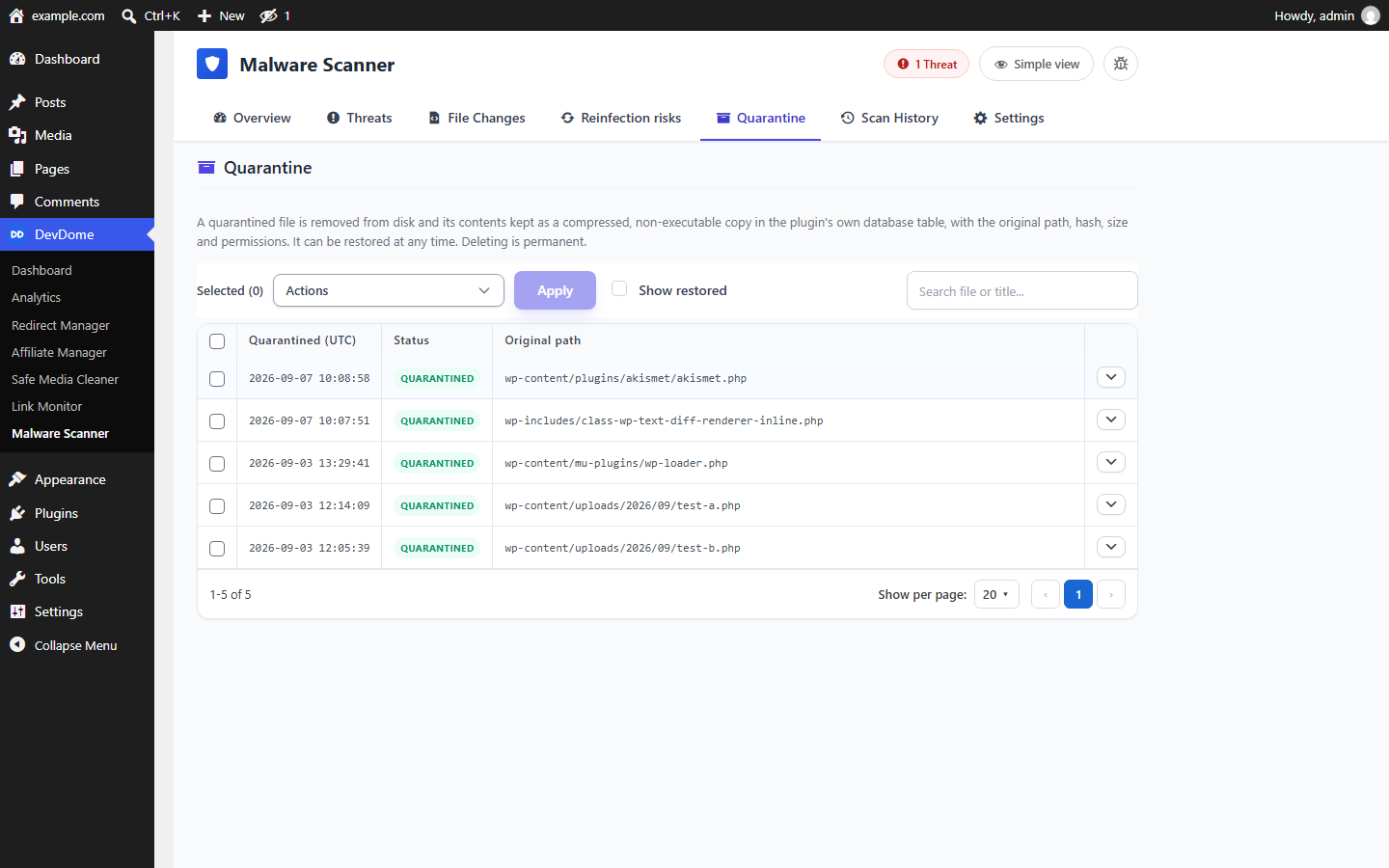 Malware Quarantine: safely quarantine suspicious files and restore them when needed.