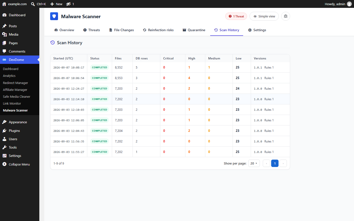 Scan History: review previous malware scans and detected threats.