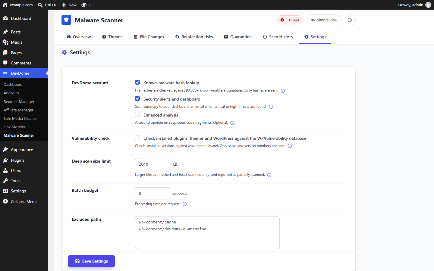 Settings: optional DevDome account features, vulnerability check, scan limits and excluded paths.