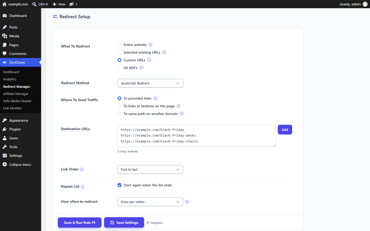 Redirect setup: entire site, selected URLs, custom URLs or all 404 pages; 301, 302, 307, 308, JavaScript or meta refresh; destination list, link rotation order and redirect frequency.