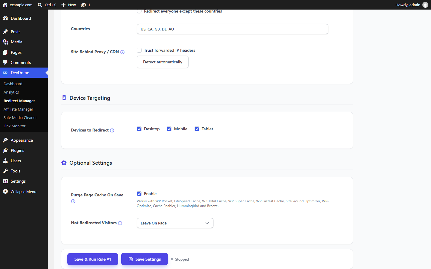 Device targeting and optional settings: desktop, mobile, tablet; purge page cache on save; fallback for visitors not redirected.