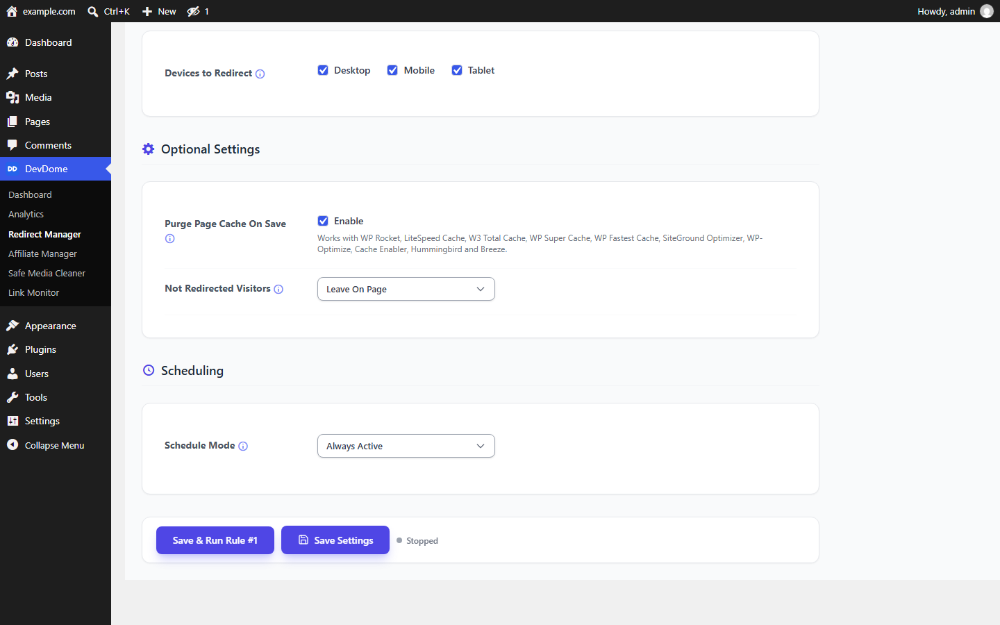 Scheduling: run a redirect rule between dates and times in your timezone.