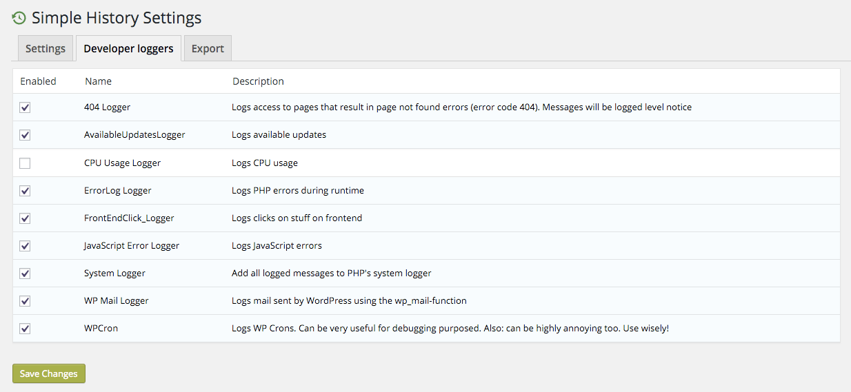 Enable the loggers you want in Settings » Simple History » Developer loggers.