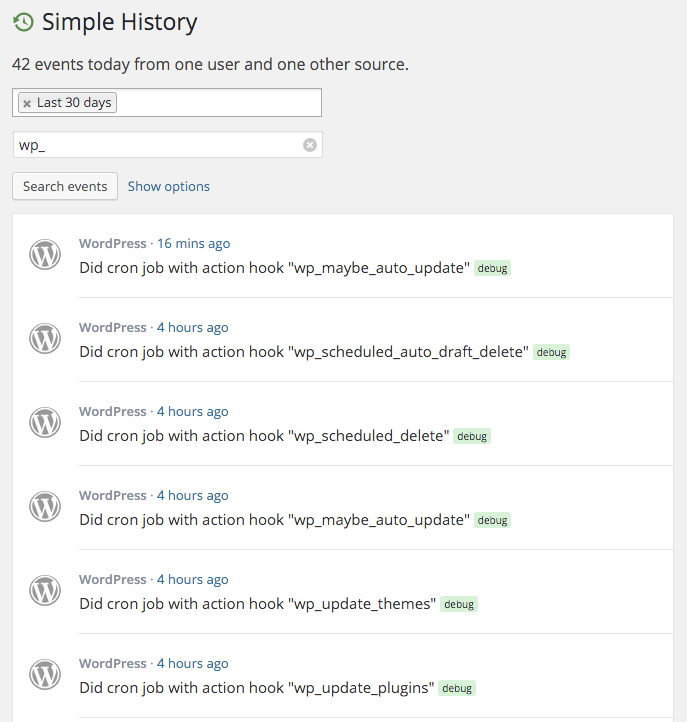 Example output of the WordPress Cron debug logger.