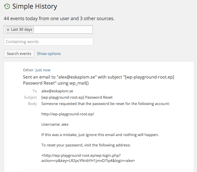 Example output of the WPMail logger. You can see the subject, who the mail is sent to, and the contents of the body.