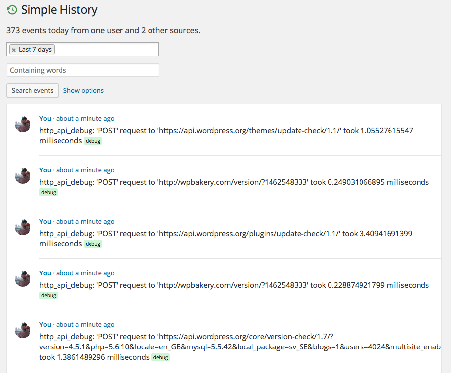 Example output form the HTTP API logger. View method and target URL.