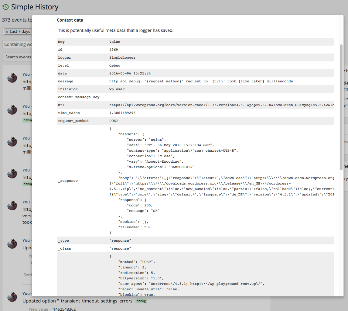 Details from the HTTP API logger. Even more details here, like all the headers in the response and also the full response.