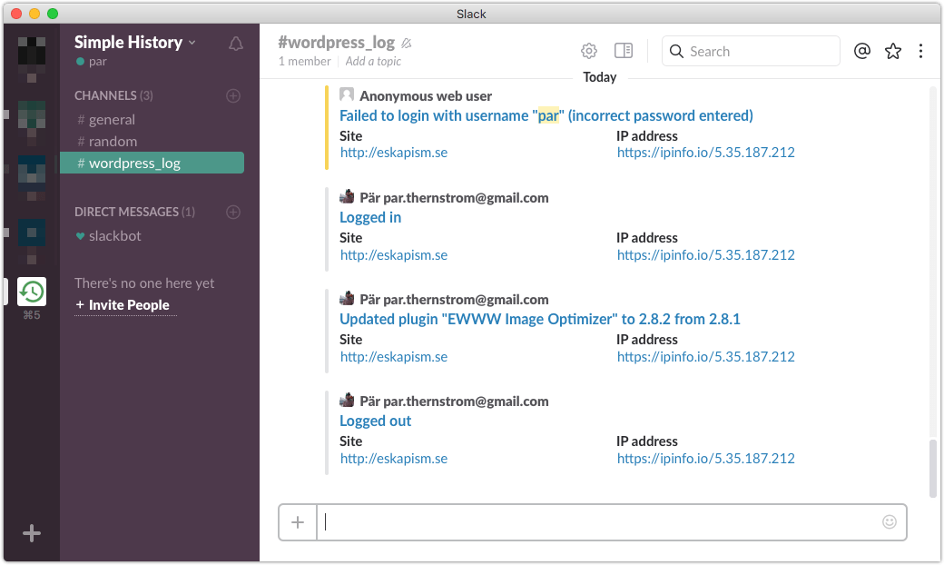 Example output from the WordPress post to Slack Logger. Here you can see me failing to login, then succeeding to login, updating a plugin, and finally I log out.