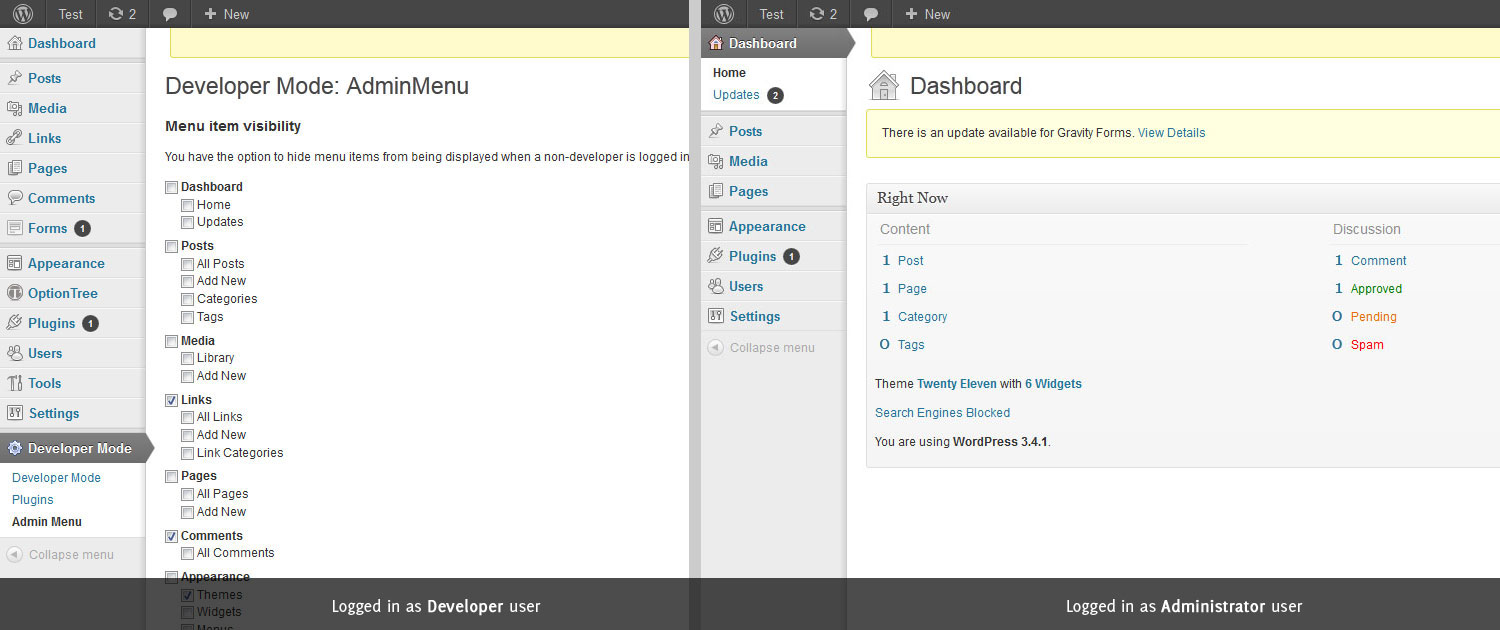 Hiding specific menu items from your clients admin interface is as easy as checking some checkboxes.