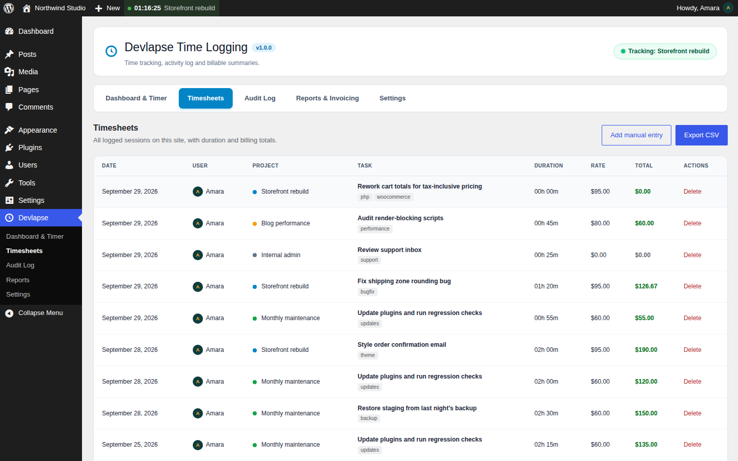 Timesheets: every logged session with project, task, tags, duration, rate and total, plus Add manual entry and Export CSV.