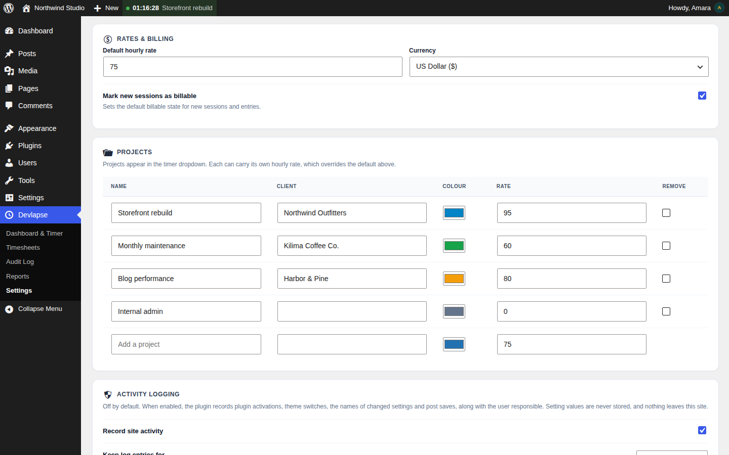 Settings: default hourly rate, currency, billable default, per-project client, colour and rate, and the opt-in activity logging controls.