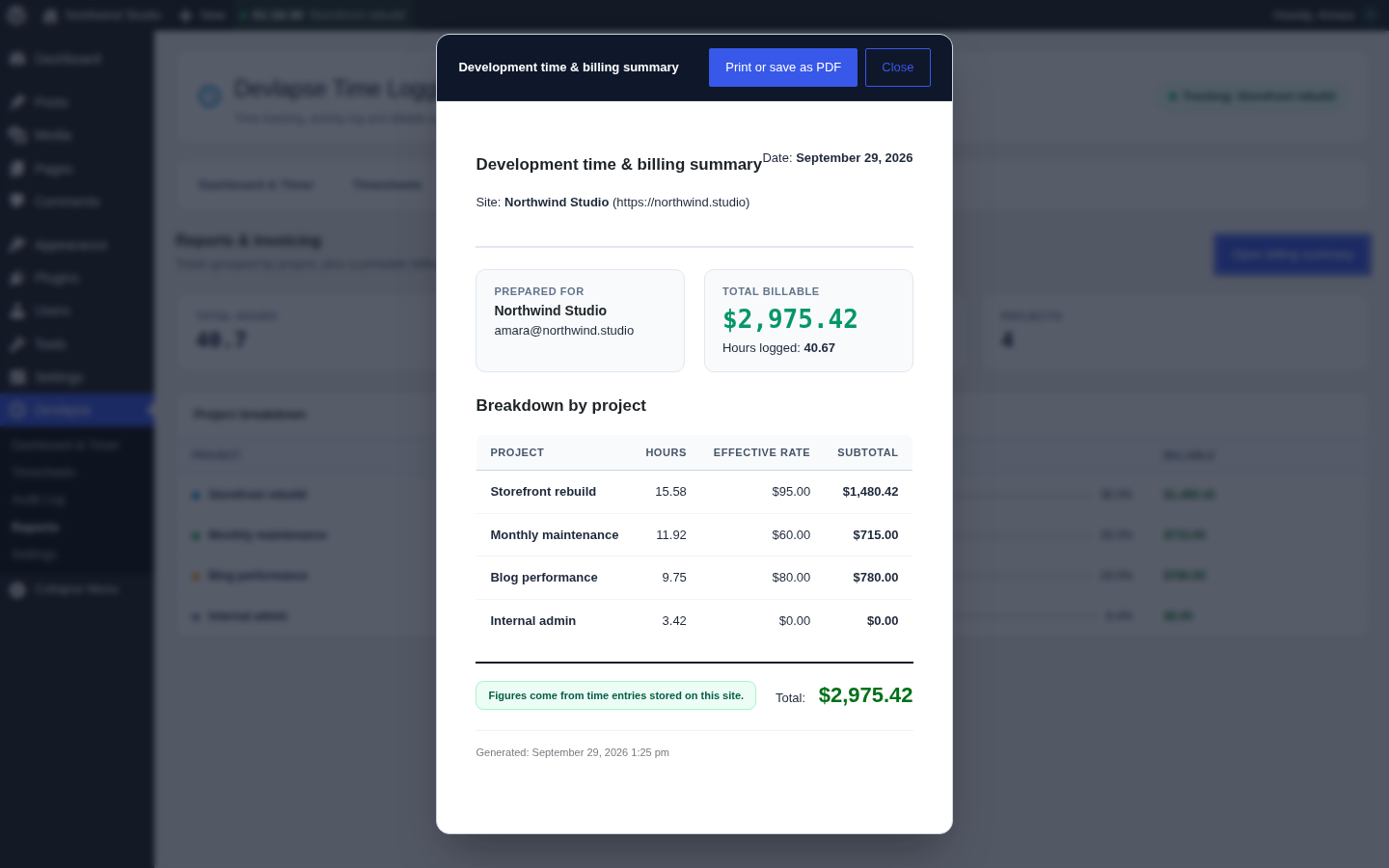Printable billing summary: hours, effective rate and subtotal per project, with a Print or save as PDF button.