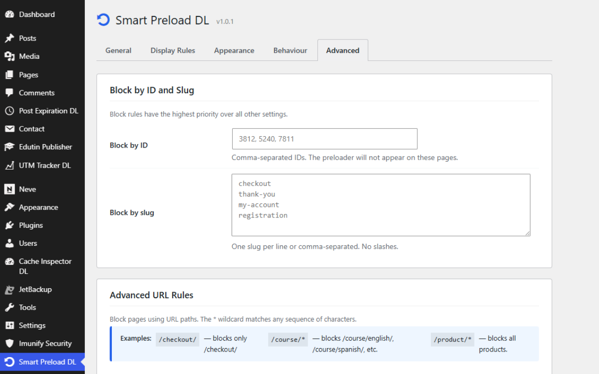 Advanced tab — block by ID, slug, or URL pattern with wildcard support.