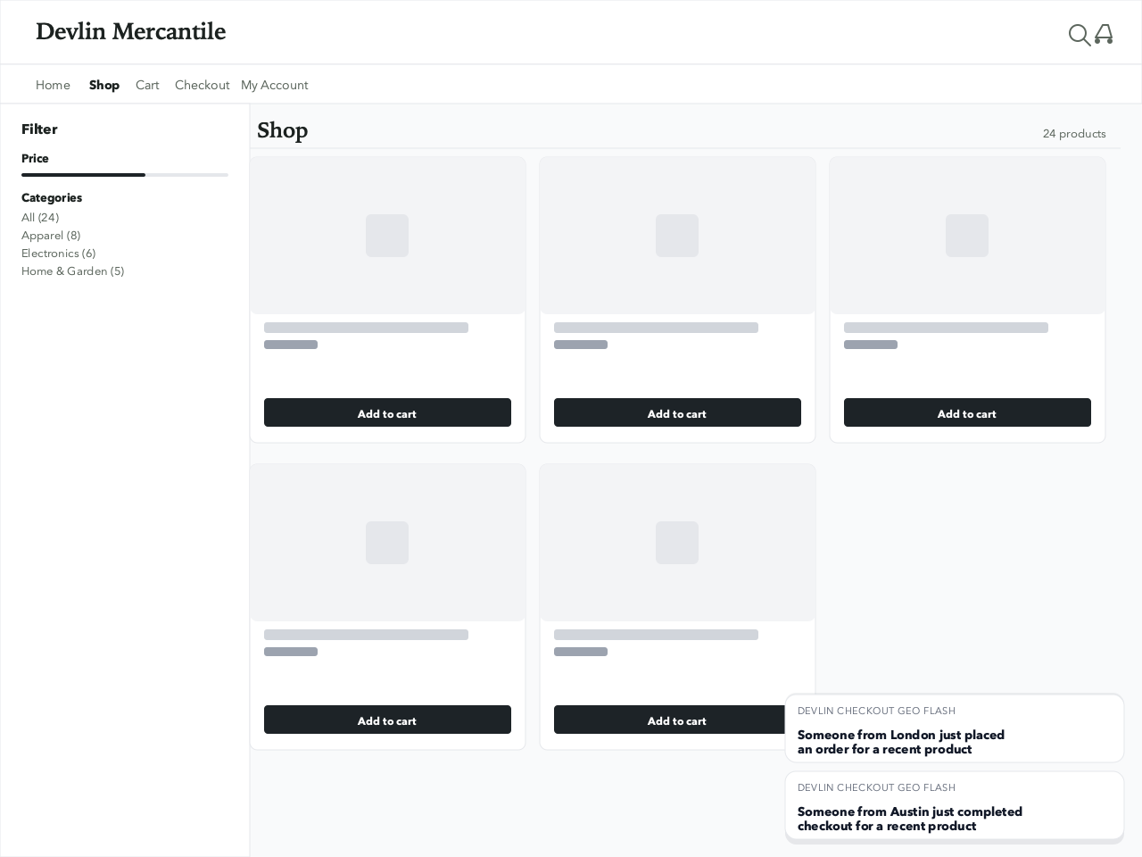 A storefront example showing the plain white purchase-toast presentation and privacy-safe payload style.