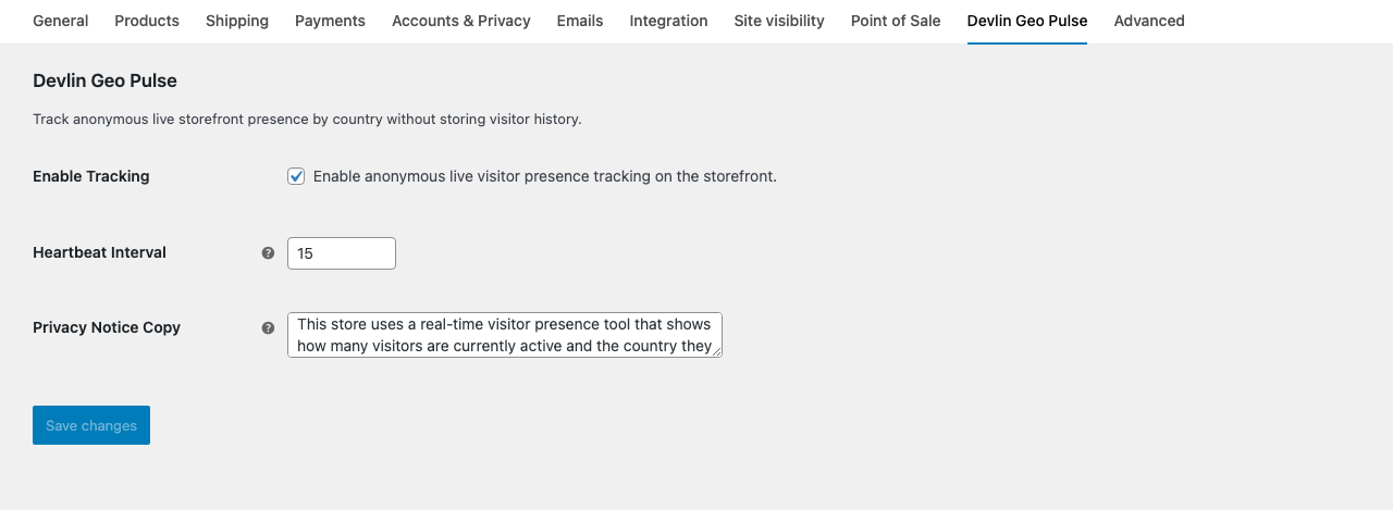 WooCommerce settings screen for tracking, heartbeat interval, and privacy notice configuration.