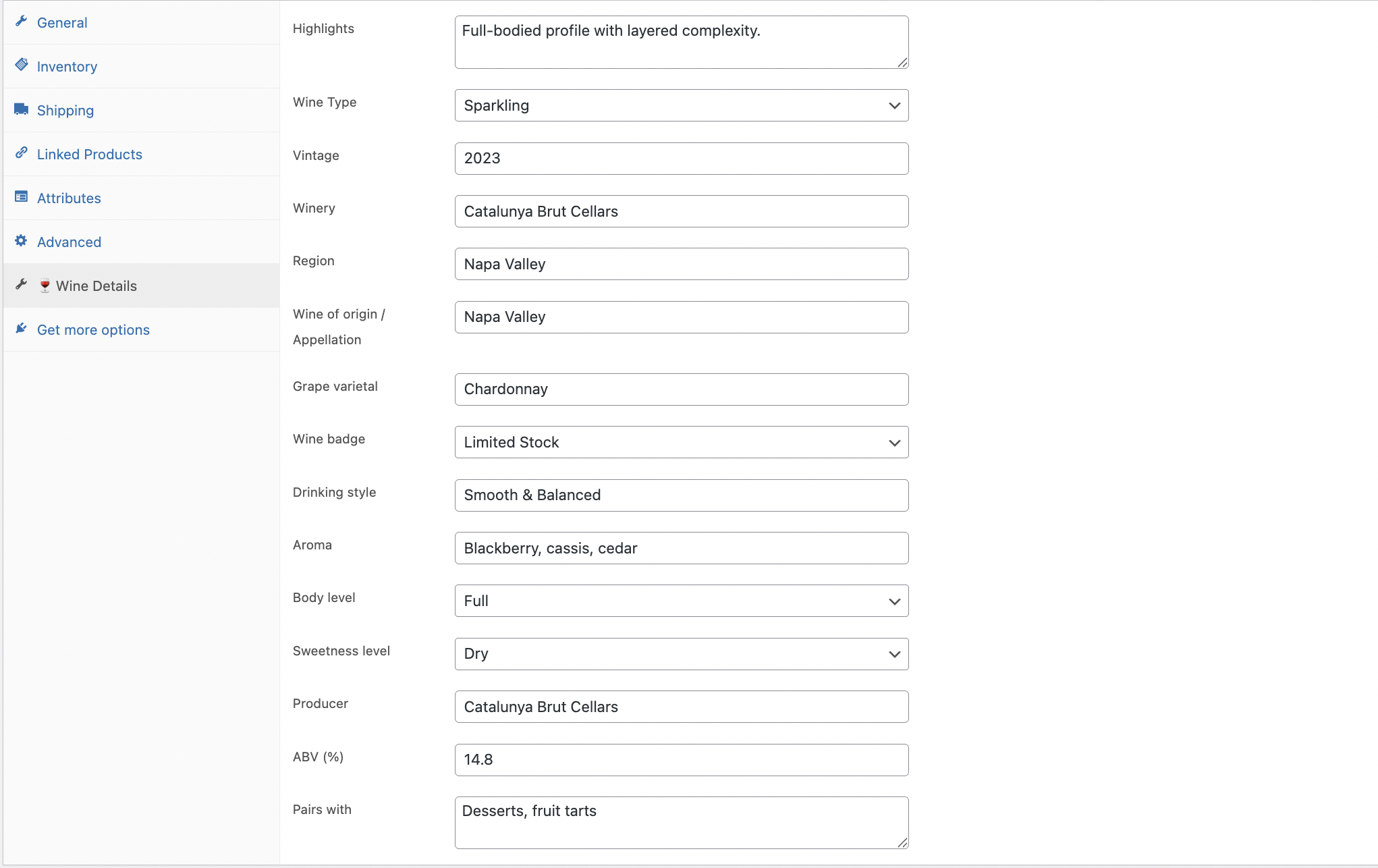 Wine Details tab in the WooCommerce product editor