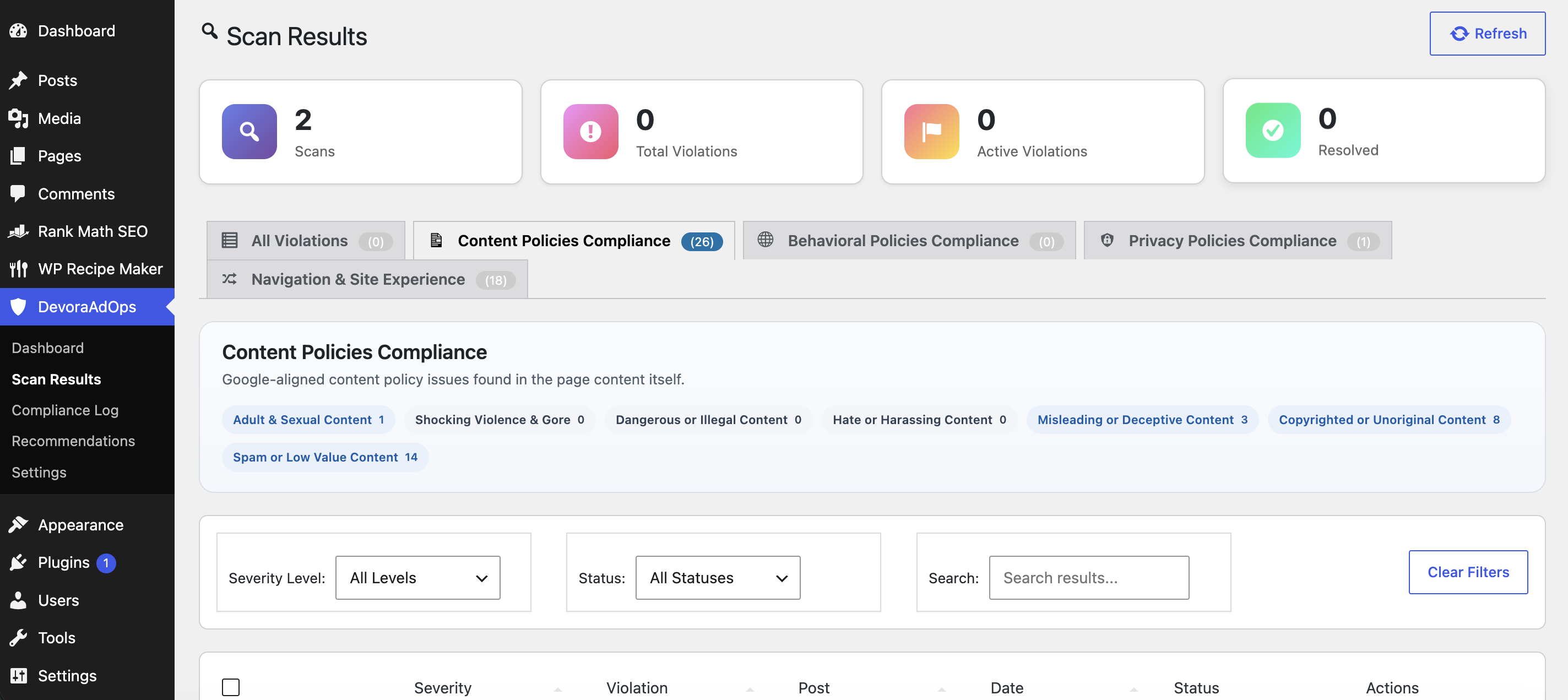 Policy review — content status and potential issues organized by the different Google Ad Manager and Google AdSense policy categories.