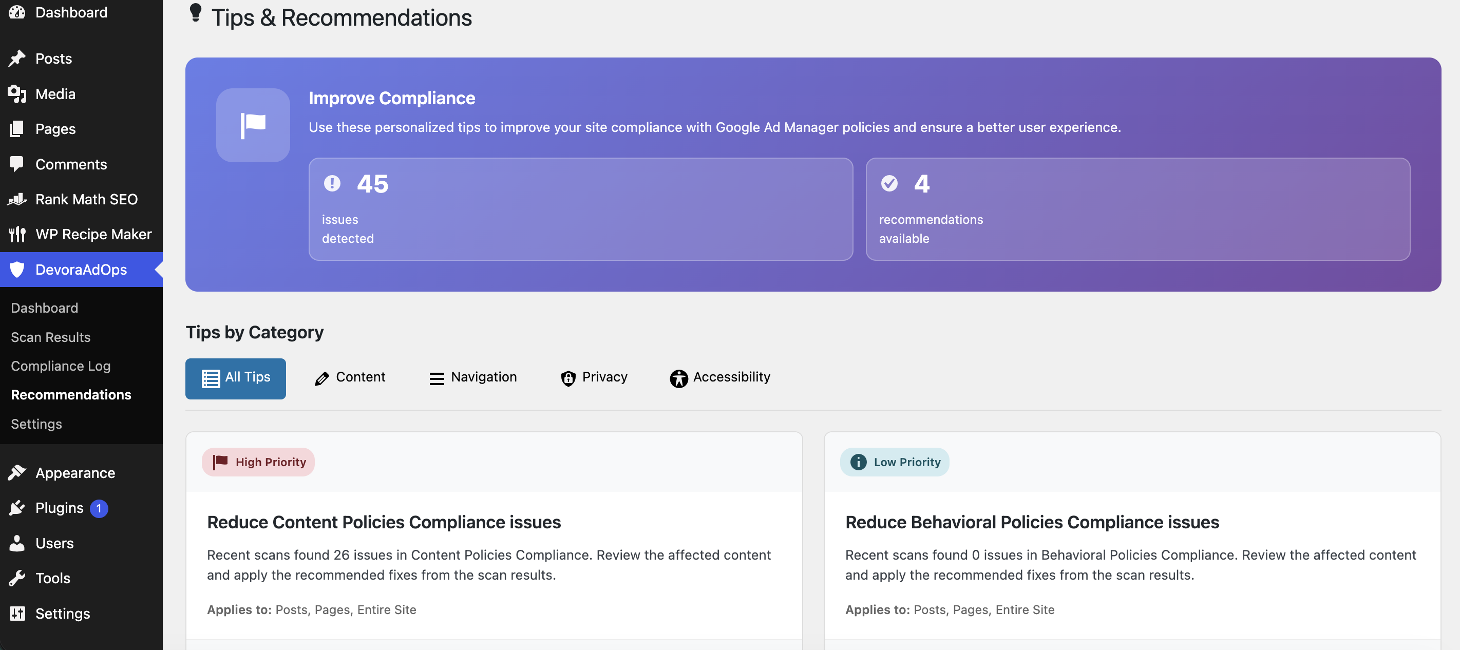Recommendations & notes — compliance recommendations and notes covering content, navigation, privacy, and overall site structure.