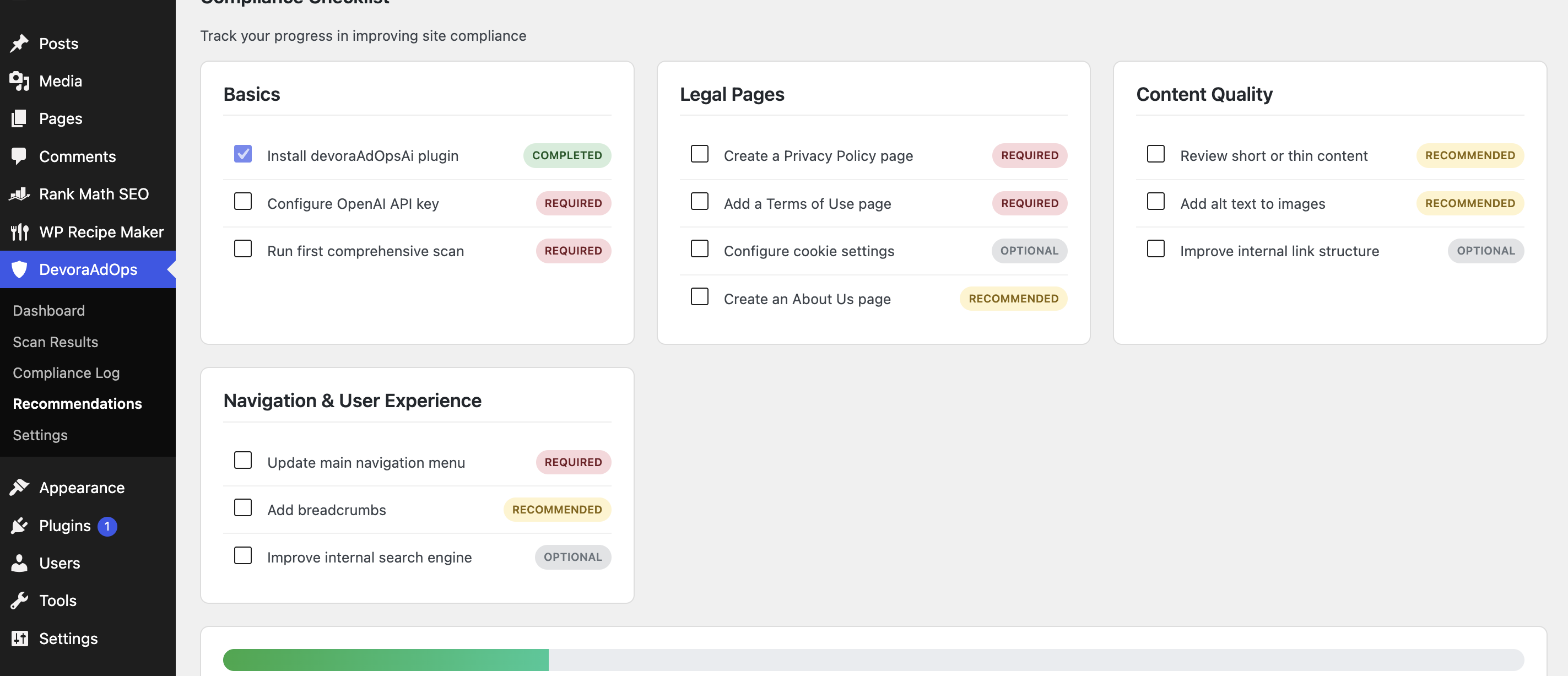Categorized tips — recommendations and tips tracked by the different recommendation categories.