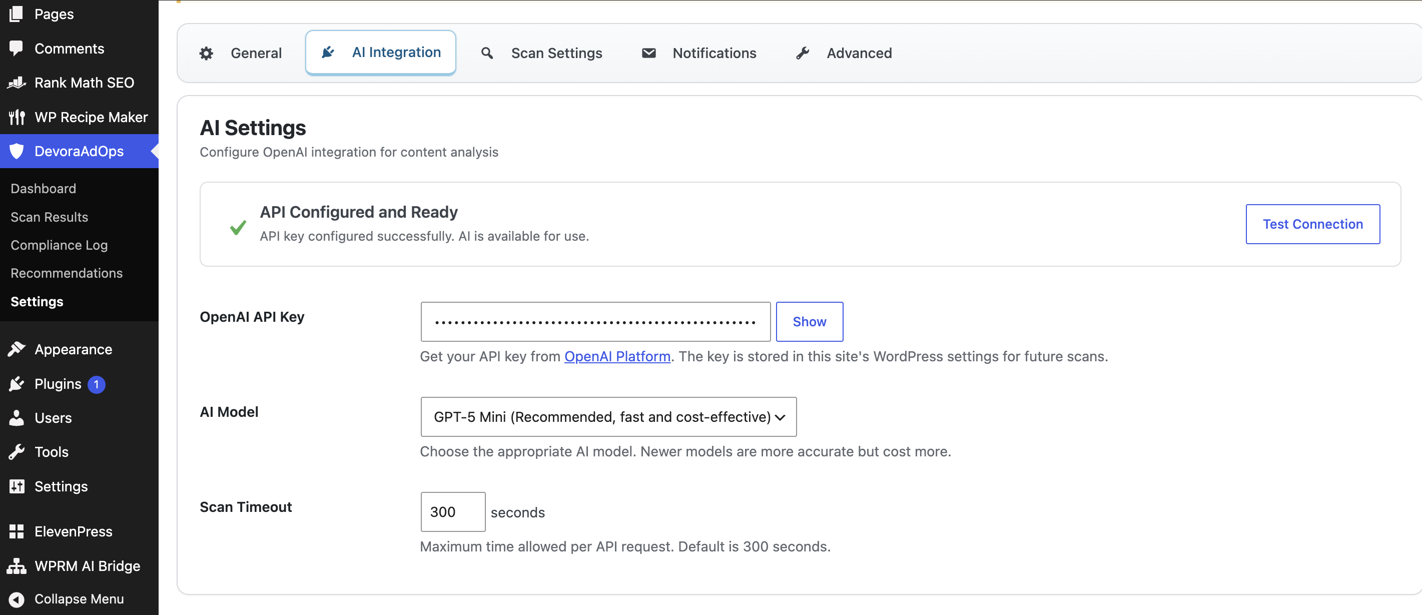 Settings — plugin configuration, OpenAI connection, and scheduled-task options.