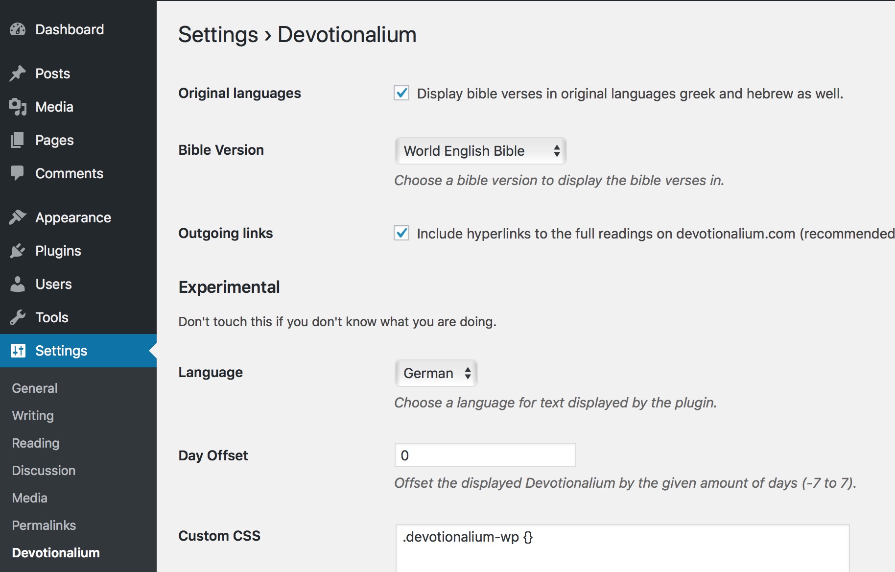 The Devotionalium configuration area.