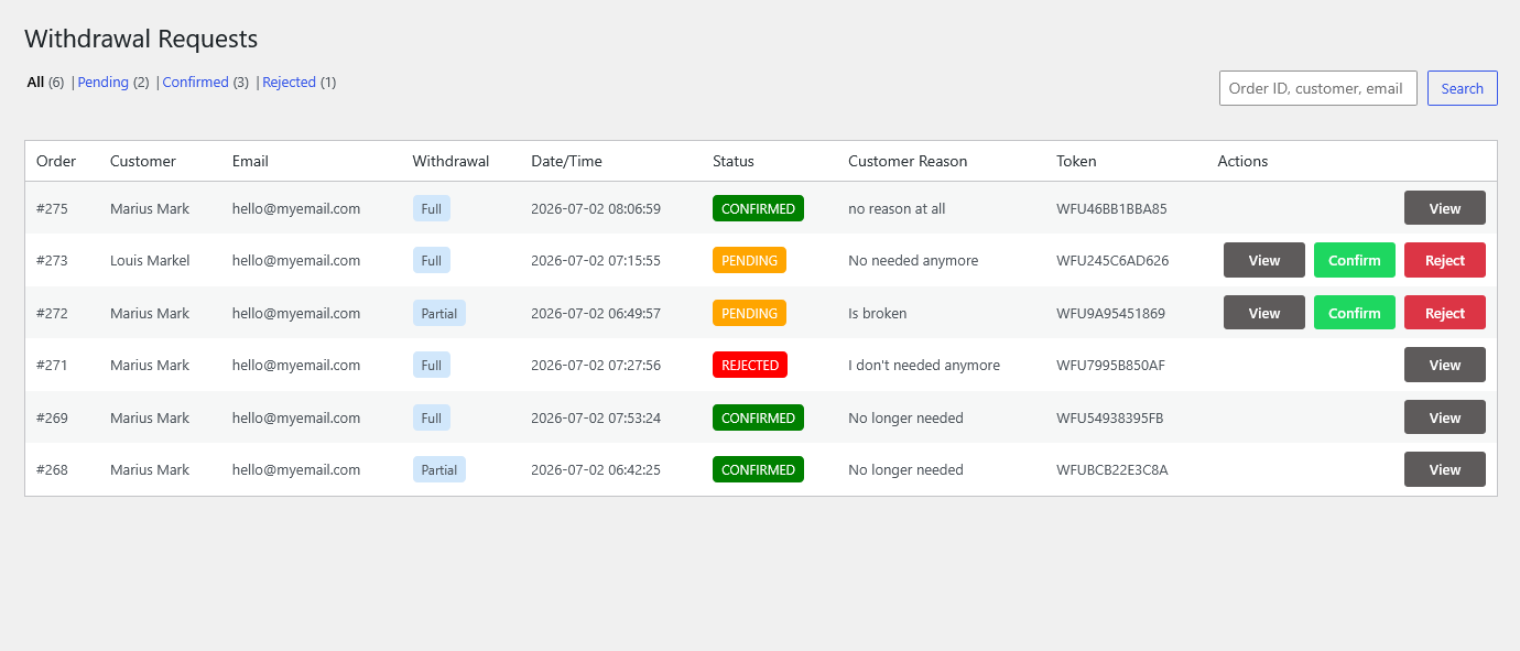 [Admin Edit Order View] - The WooCommerce order edit screen, where administrators can view the withdrawal request status associated with a customer's order.