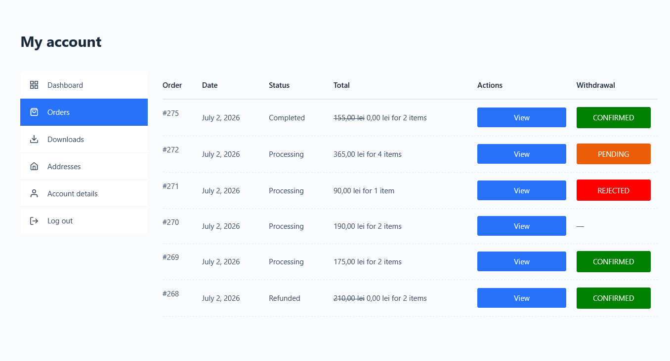 [Standalone Withdrawal Form] - A standalone withdrawal request form embedded via shortcode on a dedicated page, allowing customers to verify the eligibility of an order using the order number and withdrawal token.