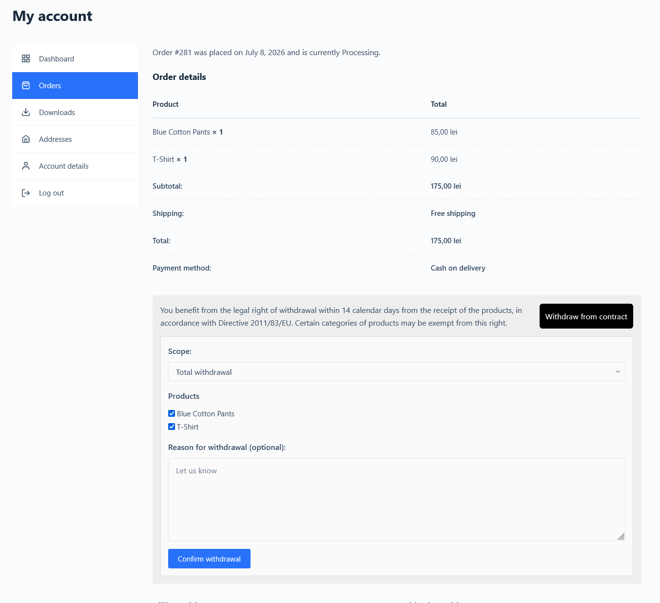 [Product Selection Interface] - The detailed product selection interface within the withdrawal request form, allowing customers to choose specific products (when applicable) for a partial withdrawal, while clearly displaying information about their legal withdrawal rights.