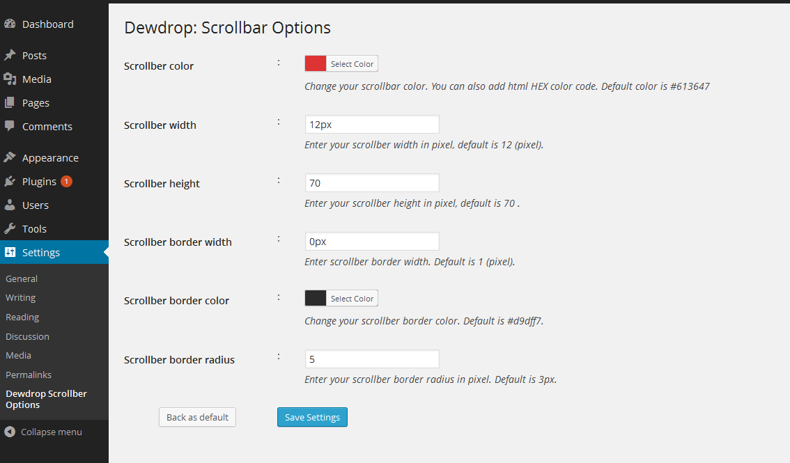 Admin options for settings or style the scrollbar.