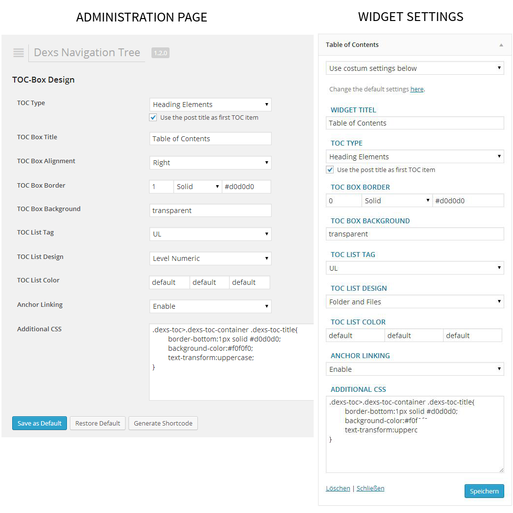 The administration page and the widget settings.